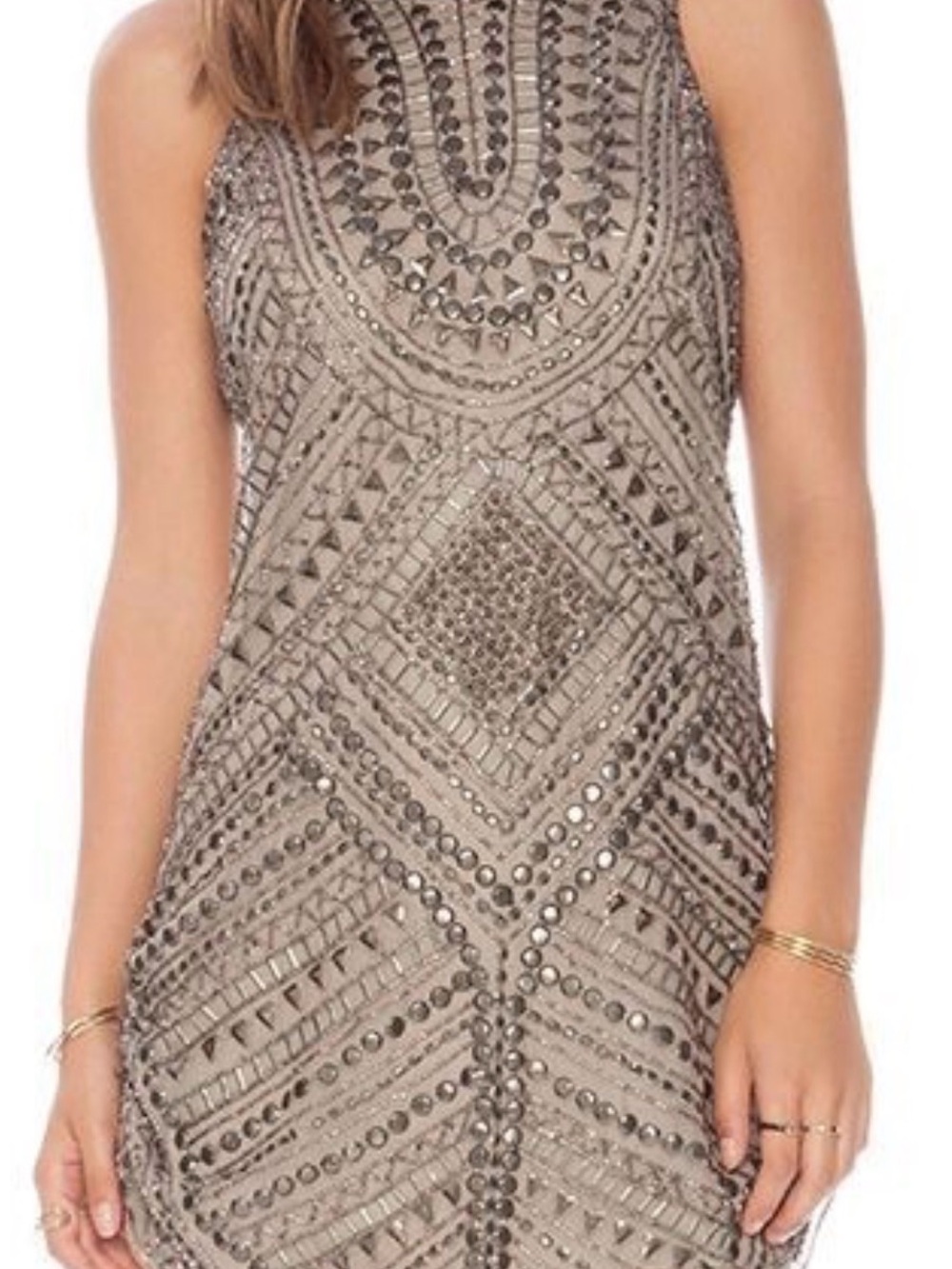 Parker 100% Silk Fully Beaded Allegra Mini Dress Taupe/Gold Size M